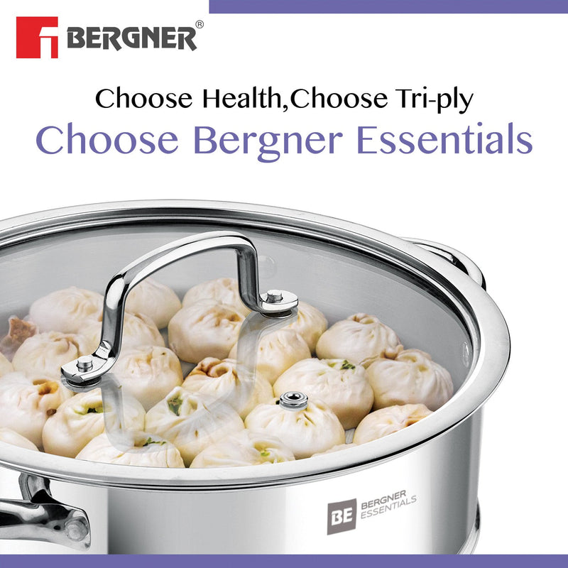 Bergner BE Essentials Tri-Ply Stainless Steel 3 Pcs Cookware Set - 24 cm Kadai and Steamer with Common Flat Glass Lid - Induction Bottom (5-Year Warranty)