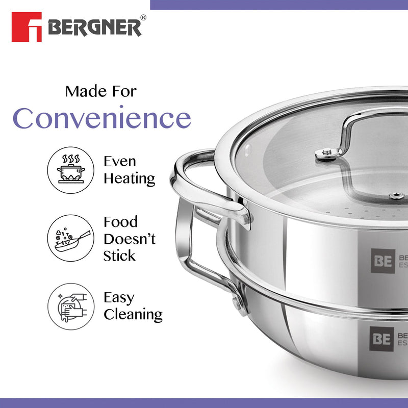 Bergner BE Essentials Tri-Ply Stainless Steel 3 Pcs Cookware Set - 24 cm Kadai and Steamer with Common Flat Glass Lid - Induction Bottom (5-Year Warranty)