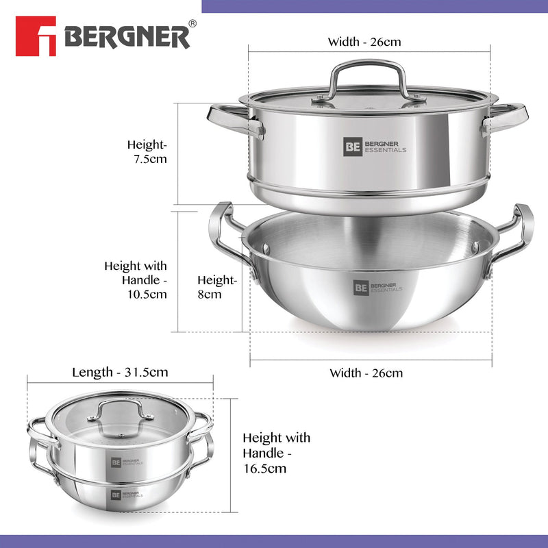 Bergner BE Essentials Tri-Ply Stainless Steel 3 Pcs Cookware Set - 24 cm Kadai and Steamer with Common Flat Glass Lid - Induction Bottom (5-Year Warranty)