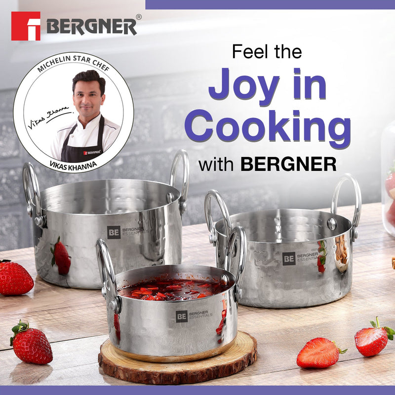 Bergner BE Essentials Stainless Steel Mini Hammered 3 Pcs Serving Set - Gas Stove Compatible