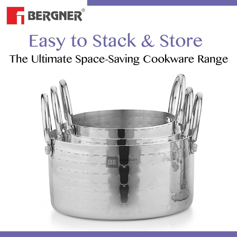 Bergner BE Essentials Stainless Steel Mini Hammered 3 Pcs Serving Set - Gas Stove Compatible