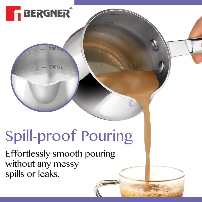 Bergner BE Essentials Tri-Ply Stainless Steel Coffee Warmer / Milk Warmer/sauce pan - Induction Bottom (5-Year Warranty)