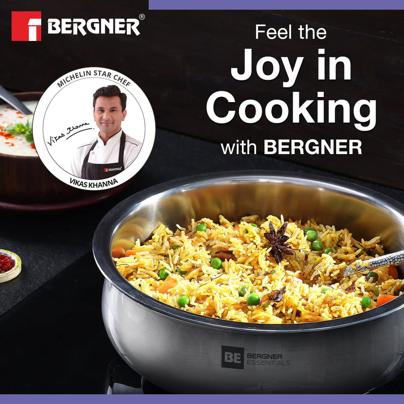 Bergner BE Essentials Tri-Ply Stainless Steel Biryani Handi with Lid, Induction Bottom (5-Year Warranty)