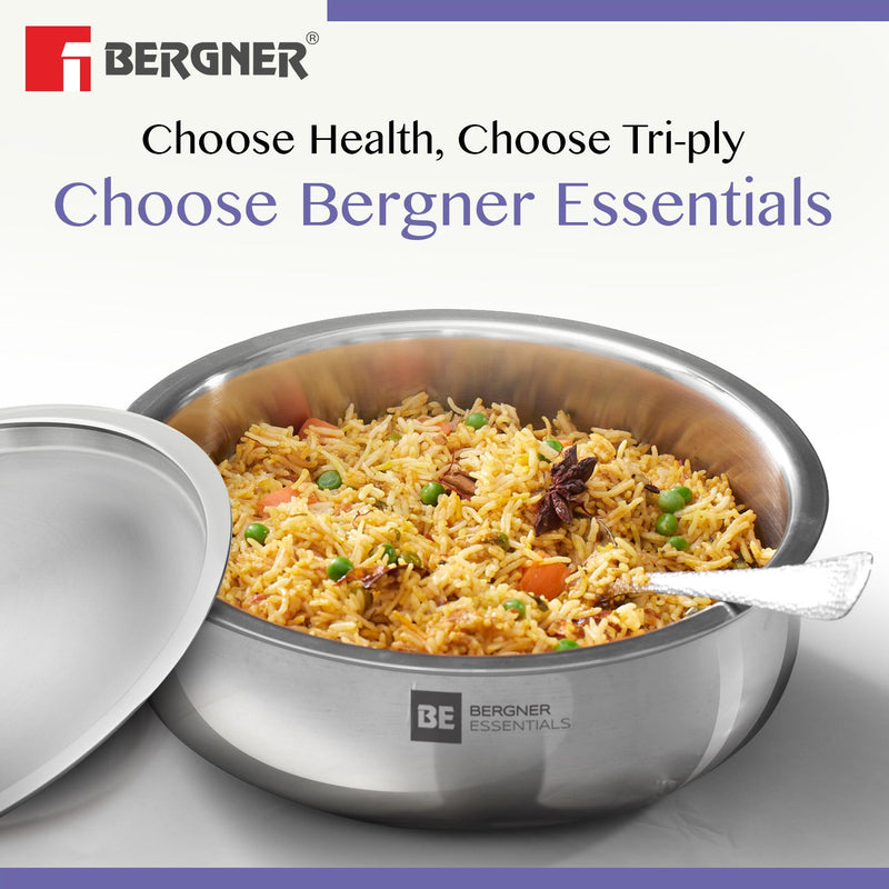 Bergner BE Essentials Tri-Ply Stainless Steel Biryani Handi with Lid, Induction Bottom (5-Year Warranty)