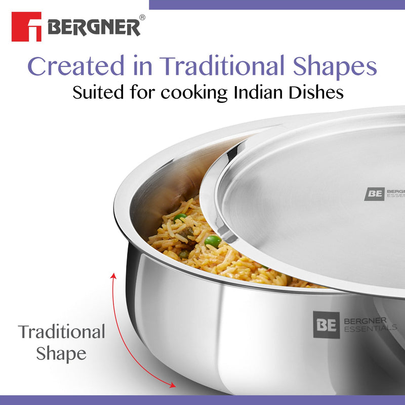 Bergner BE Essentials Tri-Ply Stainless Steel Biryani Handi with Lid, Induction Bottom (5-Year Warranty)