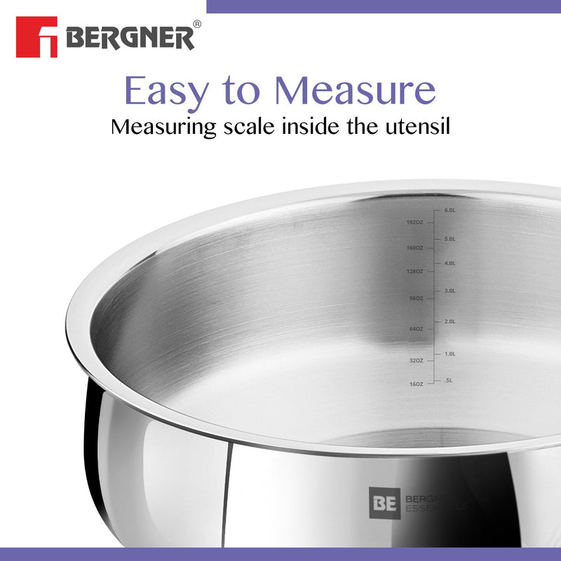 Bergner BE Essentials Tri-Ply Stainless Steel Biryani Handi with Lid, Induction Bottom (5-Year Warranty)