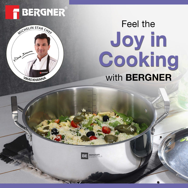 Bergner BE Essentials Tri-Ply Stainless Steel Shallow Biryani pot with Stainless Steel Lid - Induction Bottom (5-Year Warranty)