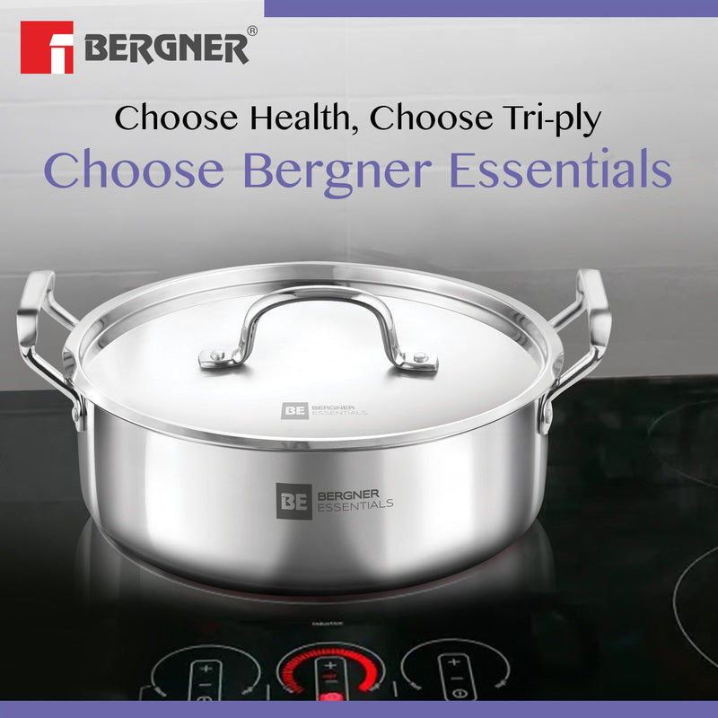 Bergner BE Essentials Tri-Ply Stainless Steel Shallow Biryani pot with Stainless Steel Lid - Induction Bottom (5-Year Warranty)