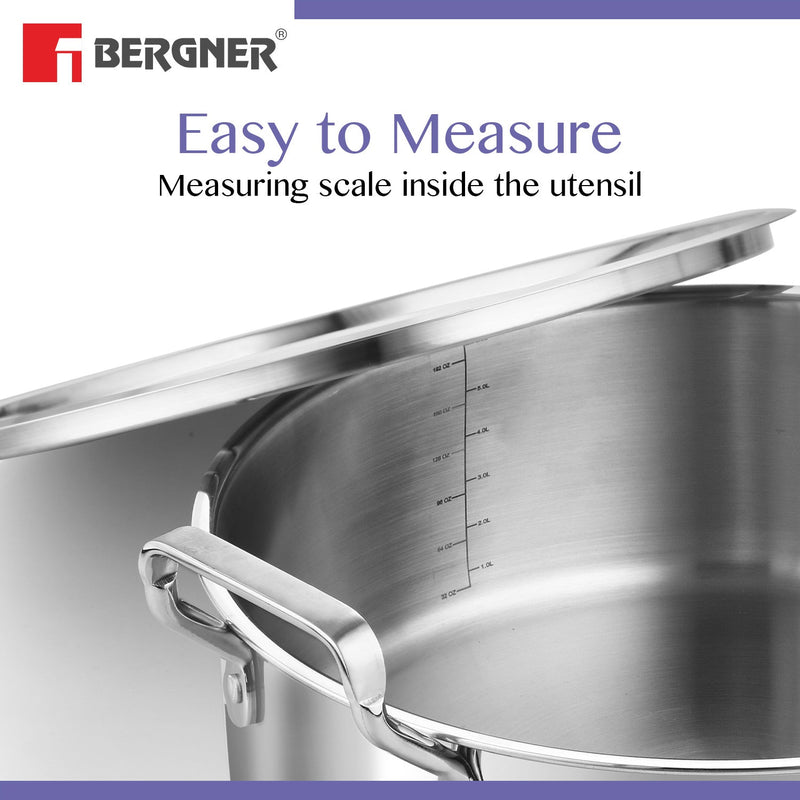 Bergner BE Essentials Tri-Ply Stainless Steel Shallow Biryani pot with Stainless Steel Lid - Induction Bottom (5-Year Warranty)