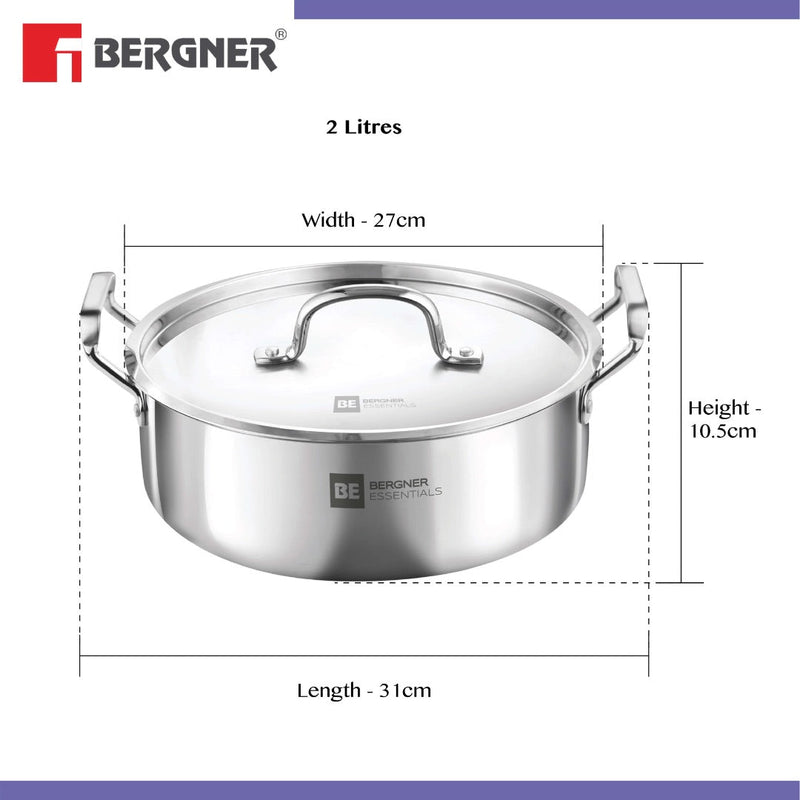Bergner BE Essentials Tri-Ply Stainless Steel Shallow Biryani pot with Stainless Steel Lid - Induction Bottom (5-Year Warranty)