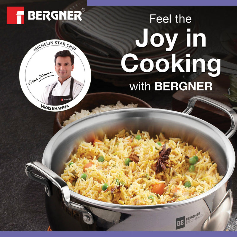 Bergner BE Essentials Tri-Ply Stainless Steel Rice Handi with Lid - Induction Bottom (5-Year Warranty)