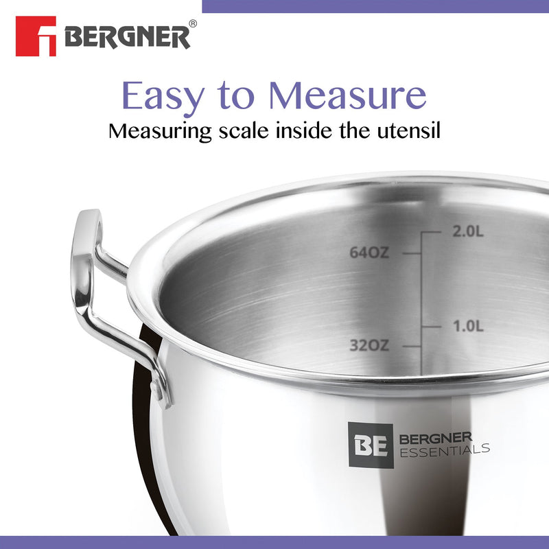 Bergner BE Essentials Tri-Ply Stainless Steel Rice Handi with Lid - Induction Bottom (5-Year Warranty)