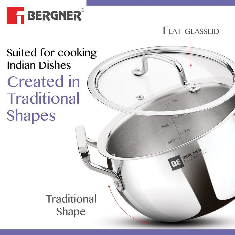Bergner BE Essentials Tri-Ply Stainless Steel Rice Handi with Lid - Induction Bottom (5-Year Warranty)