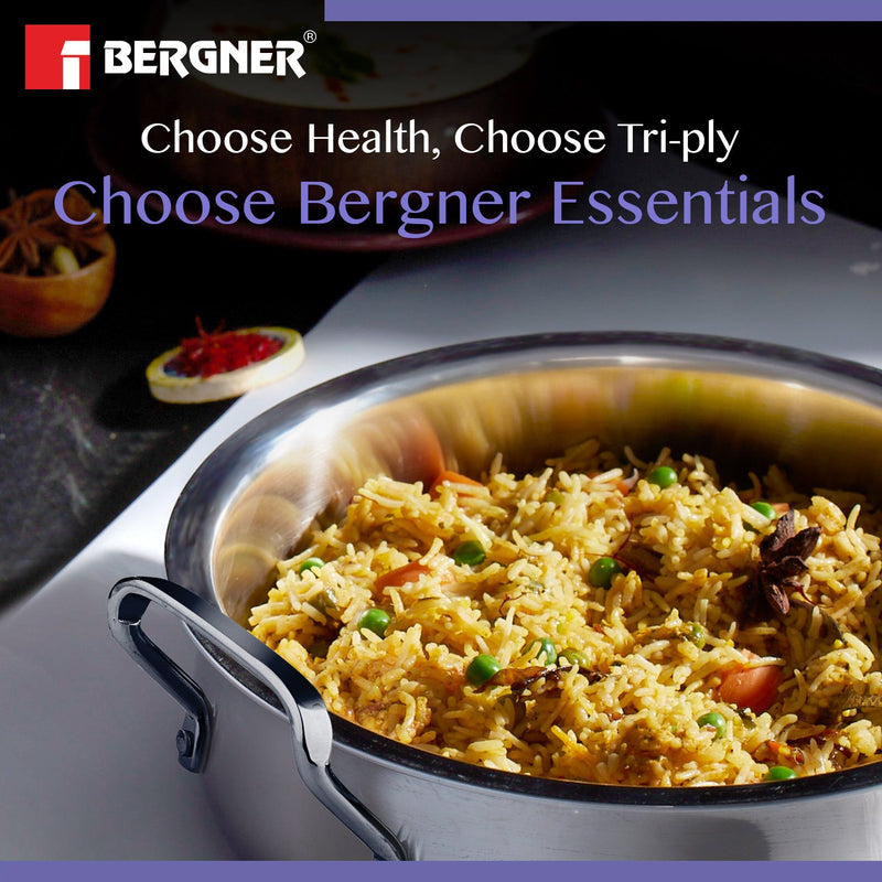 Bergner BE Essentials Tri-Ply Stainless Steel Biryani Handi with Lid - Induction Bottom (5-Year Warranty