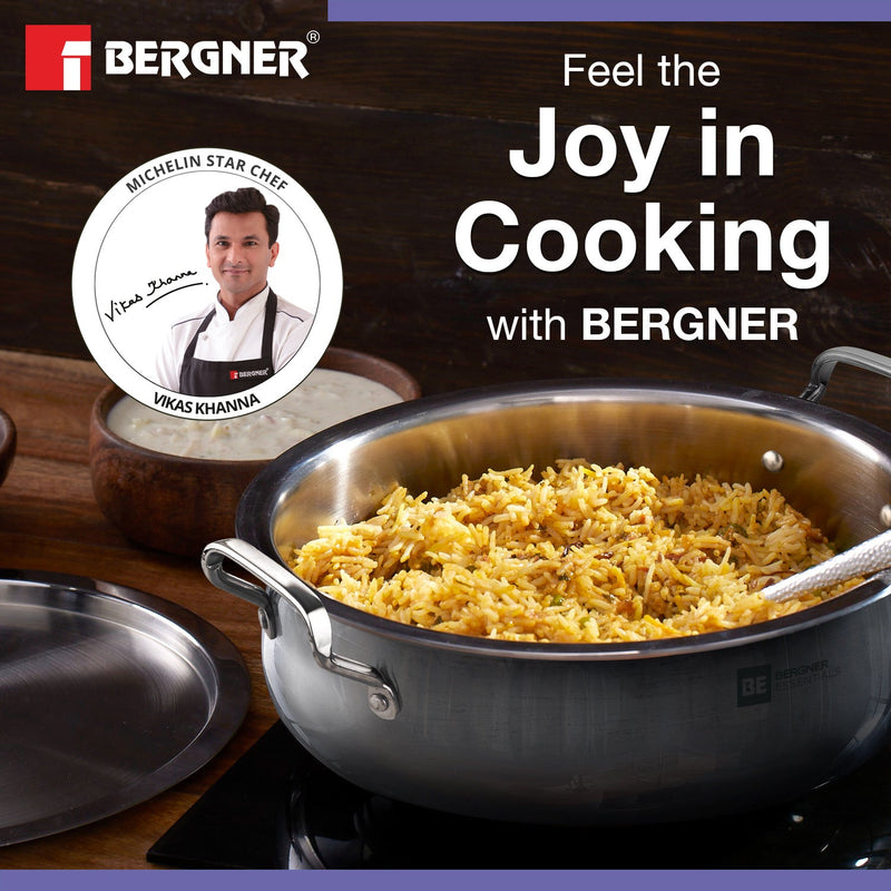 Bergner BE Essentials Tri-Ply Stainless Steel Biryani Handi with Lid - Induction Bottom (5-Year Warranty