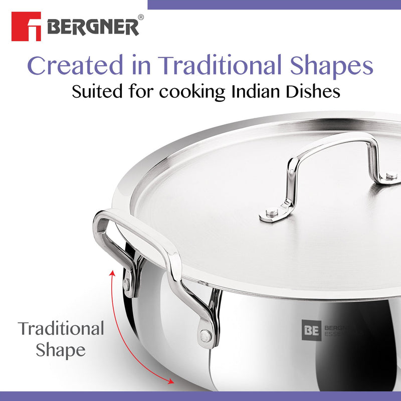 Bergner BE Essentials Tri-Ply Stainless Steel Biryani Handi with Lid - Induction Bottom (5-Year Warranty