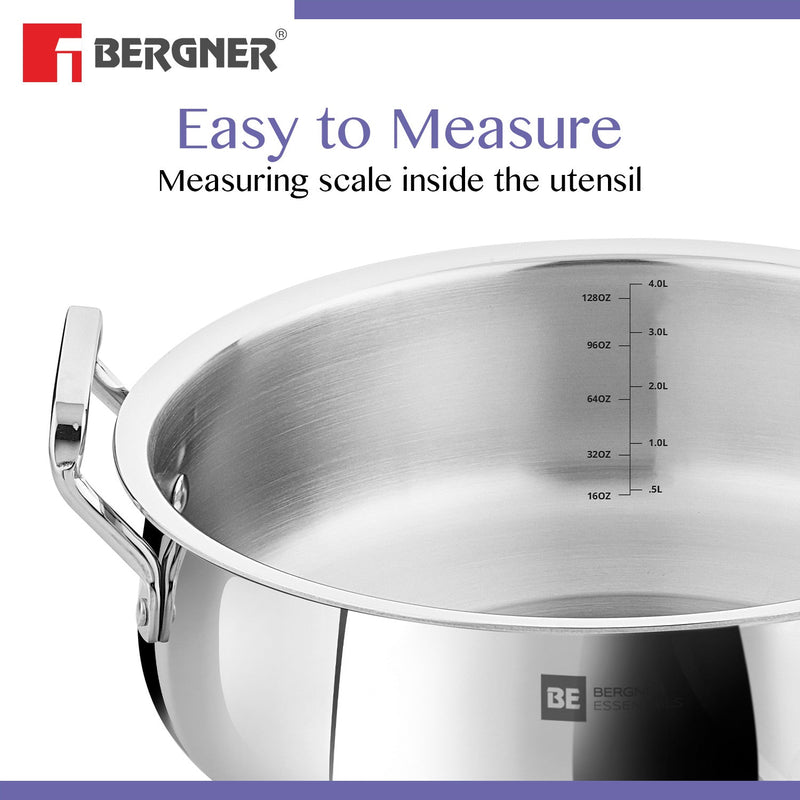 Bergner BE Essentials Tri-Ply Stainless Steel Biryani Handi with Lid - Induction Bottom (5-Year Warranty