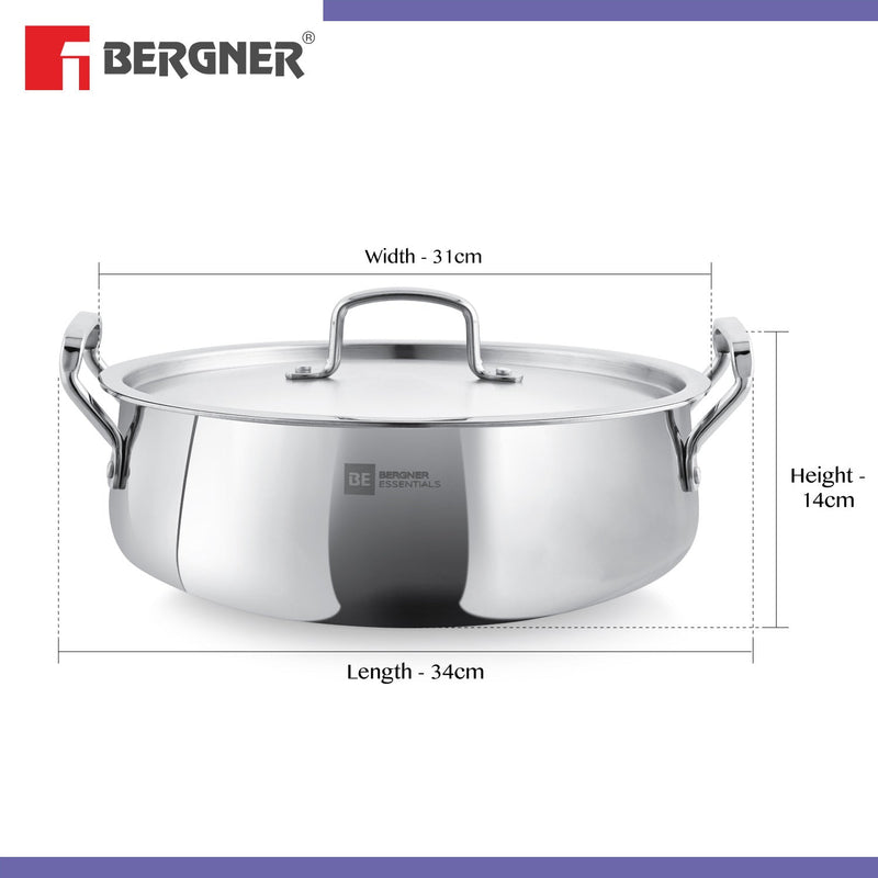 Bergner BE Essentials Tri-Ply Stainless Steel Biryani Handi with Lid - Induction Bottom (5-Year Warranty