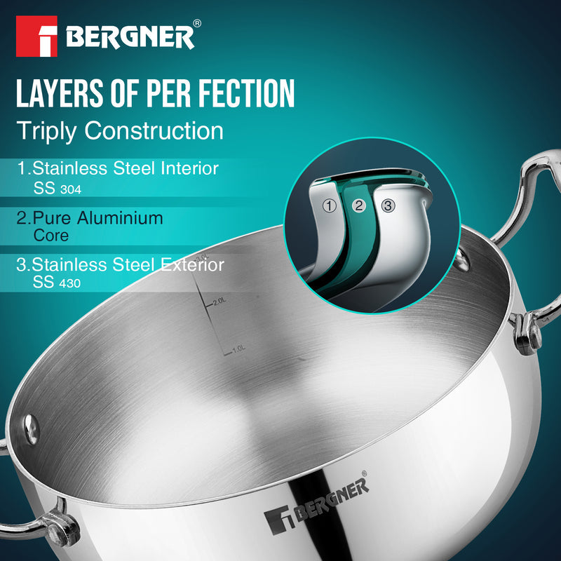 Bergner Argent Saiba Tri-Ply Stainless Steel Multi Purpose Casserole with Curved Shape Lid and Welded Cast Handles, Less Oil Cooking - Induction Bottom
