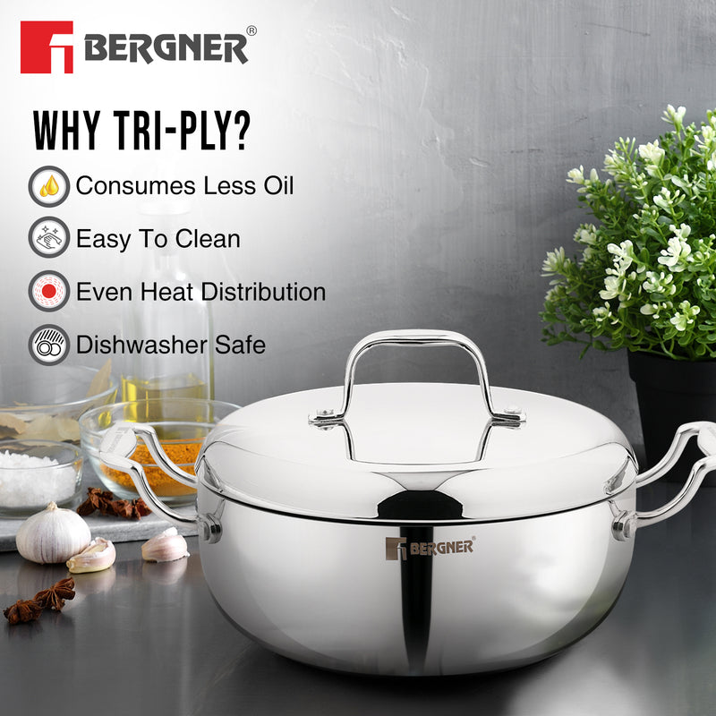 Bergner Argent Saiba Tri-Ply Stainless Steel Multi Purpose Casserole with Curved Shape Lid and Welded Cast Handles, Less Oil Cooking - Induction Bottom