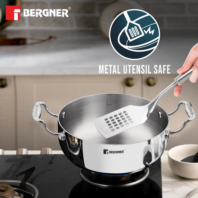 Bergner Argent Saiba Tri-Ply Stainless Steel Multi Purpose Casserole with Curved Shape Lid and Welded Cast Handles, Less Oil Cooking - Induction Bottom