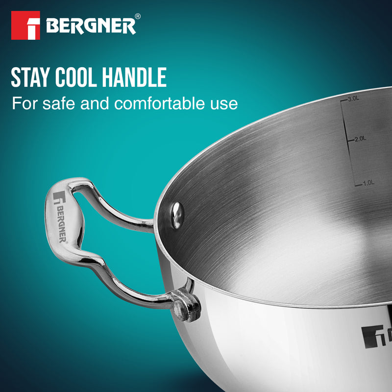 Bergner Argent Saiba Tri-Ply Stainless Steel Multi Purpose Casserole with Curved Shape Lid and Welded Cast Handles, Less Oil Cooking - Induction Bottom