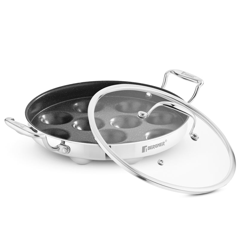 Bergner Argent Samsara Tri-Ply Stainless Steel Round Paniyarakkal with 11 Pits and Glass Lid (25cm Diameter), Quantanium Non-Stick Coating, Consumes Less Oil - Induction Bottom