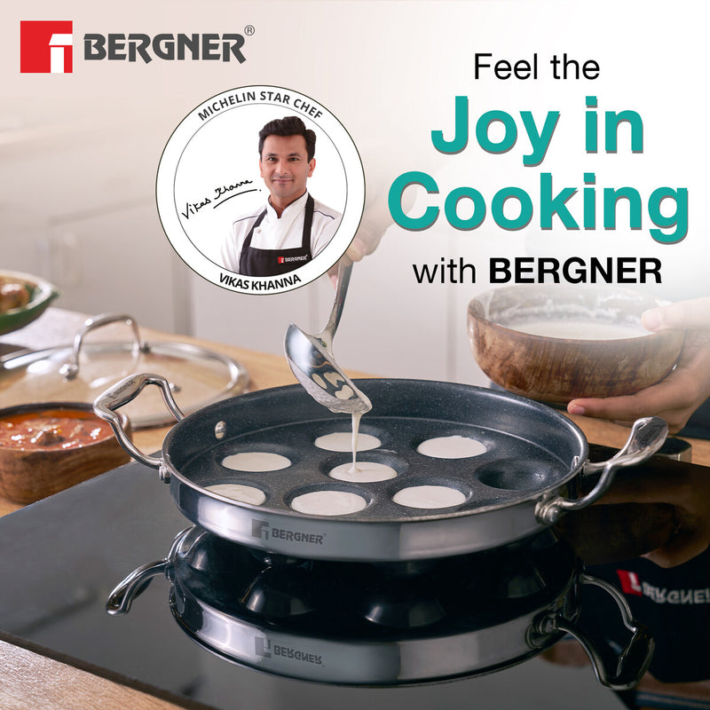 Bergner Argent Samsara Tri-Ply Stainless Steel Round Paniyarakkal with 11 Pits and Glass Lid (25cm Diameter), Quantanium Non-Stick Coating, Consumes Less Oil - Induction Bottom