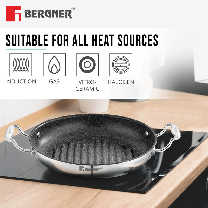 Bergner Argent Samsara Tri-Ply Stainless Steel 26cm Round Grill Pan with Quantanium Non-Stick Coating, Consumes Less Oil - Induction Bottom