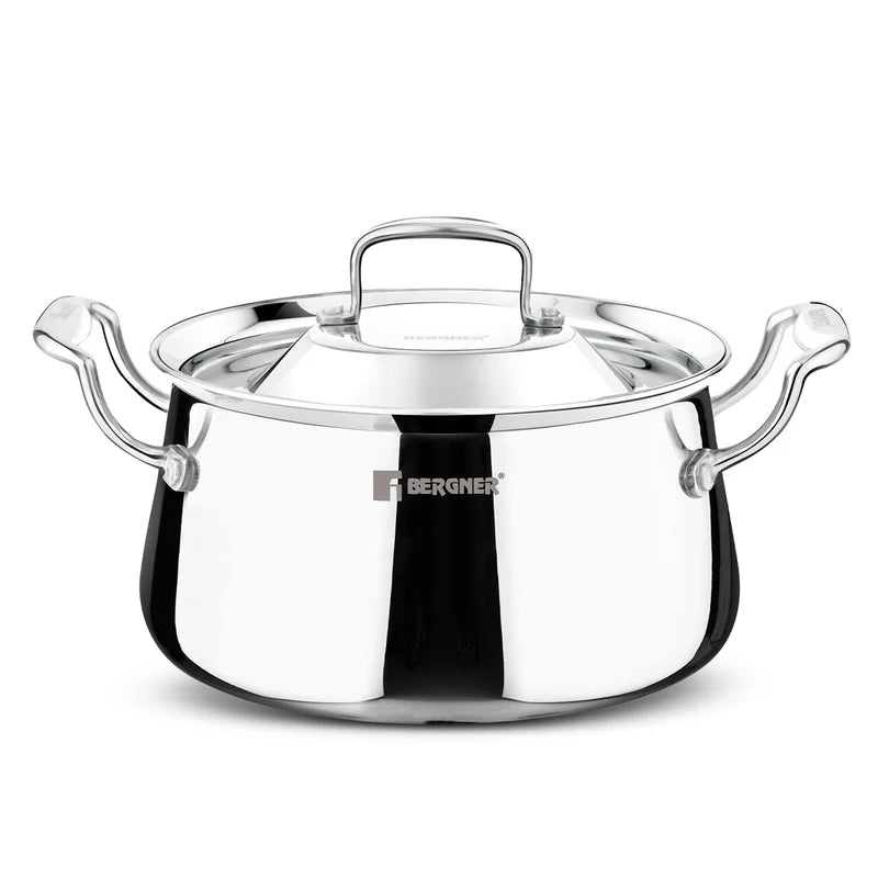 Bergner Argent Samsara Tri-Ply Stainless Steel Biryani Handi with Stainless Steel Lid, Consumes Less Oil - Induction Bottom