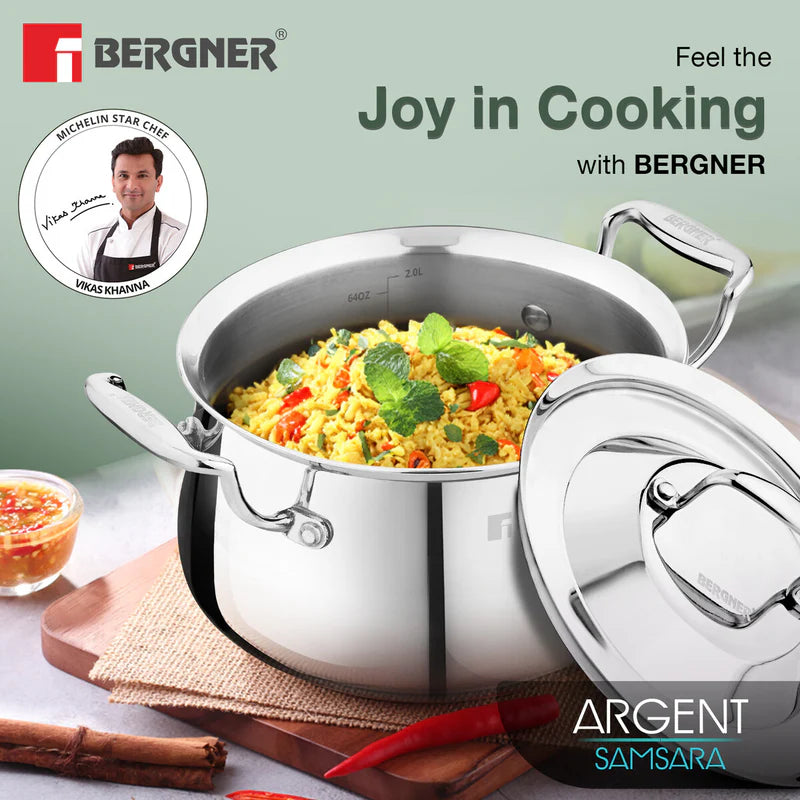 Bergner Argent Samsara Tri-Ply Stainless Steel Biryani Handi with Stainless Steel Lid, Consumes Less Oil - Induction Bottom