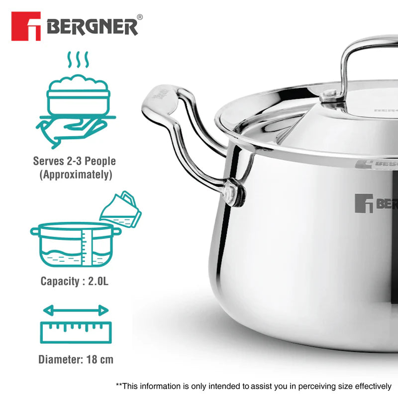 Bergner Argent Samsara Tri-Ply Stainless Steel Biryani Handi with Stainless Steel Lid, Consumes Less Oil - Induction Bottom