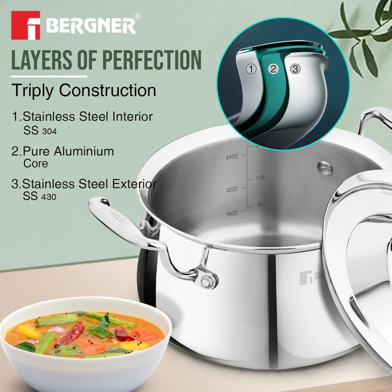 Bergner Argent Samsara Tri-Ply Stainless Steel Biryani Handi with Stainless Steel Lid, Consumes Less Oil - Induction Bottom