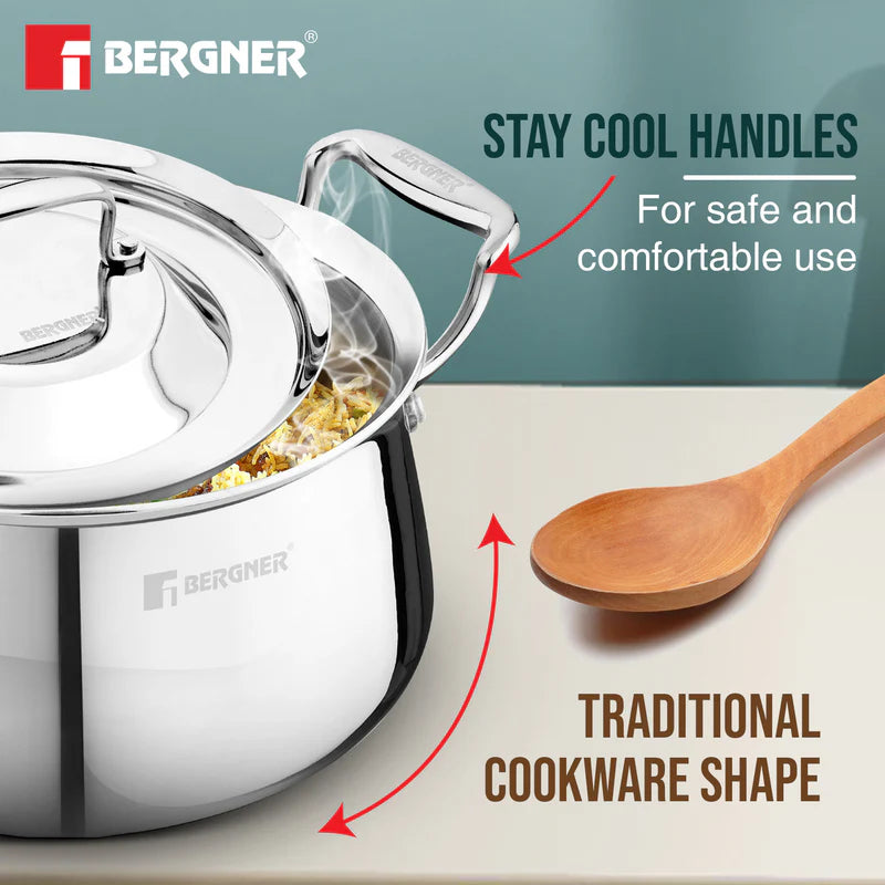 Bergner Argent Samsara Tri-Ply Stainless Steel Biryani Handi with Stainless Steel Lid, Consumes Less Oil - Induction Bottom