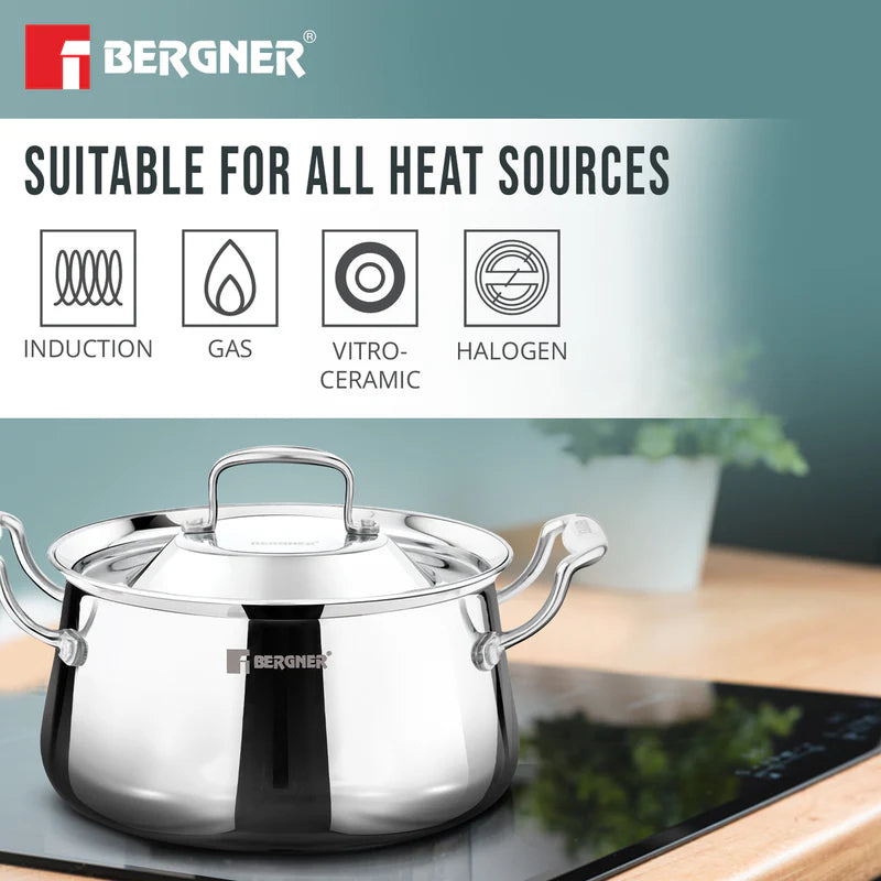Bergner Argent Samsara Tri-Ply Stainless Steel Biryani Handi with Stainless Steel Lid, Consumes Less Oil - Induction Bottom