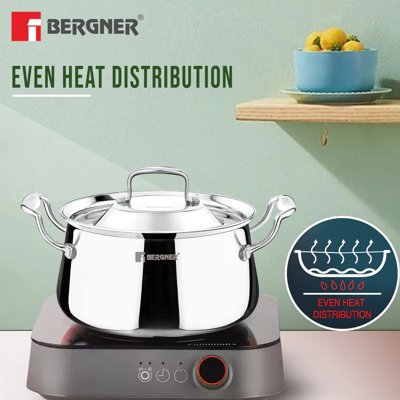 Bergner Argent Samsara Tri-Ply Stainless Steel Biryani Handi with Stainless Steel Lid, Consumes Less Oil - Induction Bottom