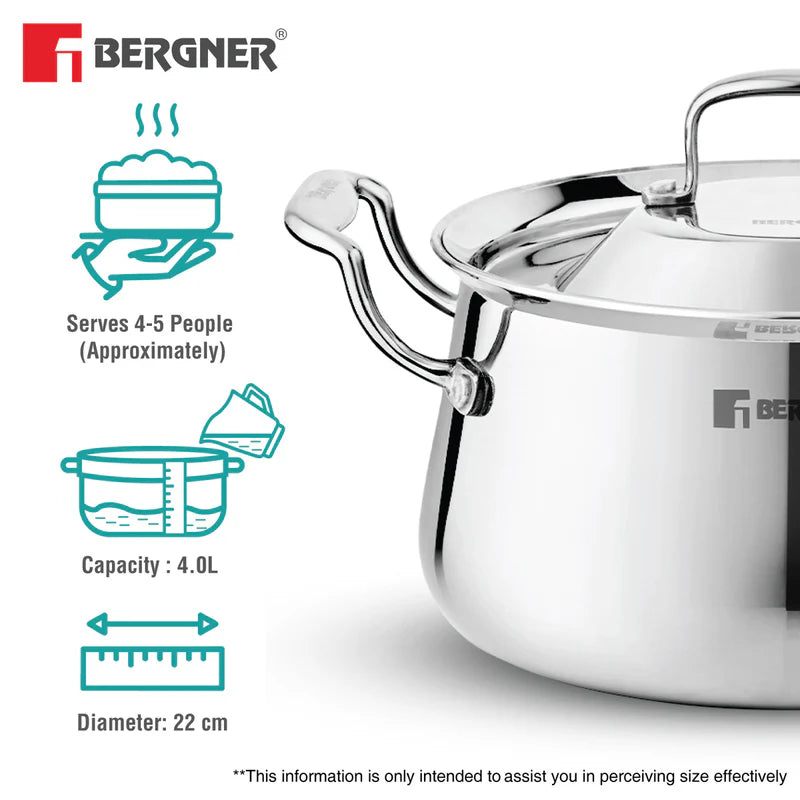 Bergner Argent Samsara Tri-Ply Stainless Steel Biryani Handi with Stainless Steel Lid, Consumes Less Oil - Induction Bottom