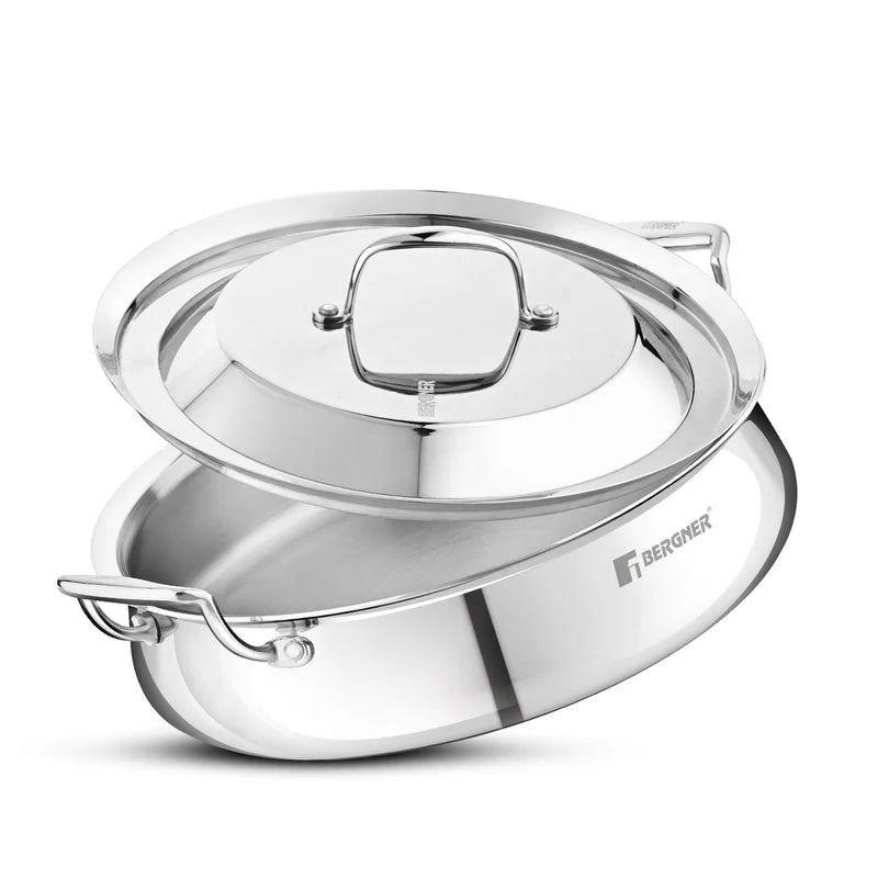 Bergner Argent Samsara Tri-Ply Stainless Steel Biryani Handi with Stainless Steel Lid, Consumes Less Oil - Induction Bottom