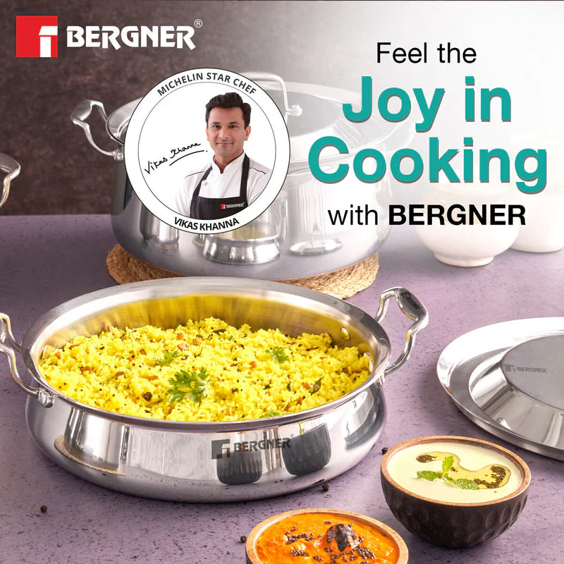 Bergner Argent Samsara Tri-Ply Stainless Steel Biryani Handi with Stainless Steel Lid, Consumes Less Oil - Induction Bottom