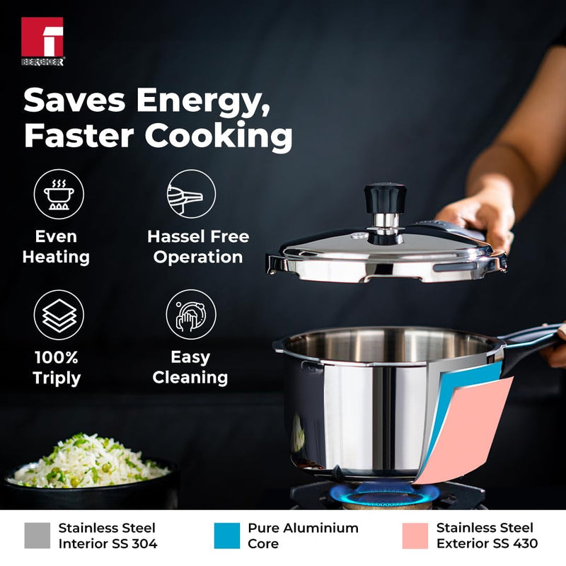Bergner Trimax Stainless Steel Outer Lid Pressure Cooker, Easy Locking - Induction Bottom