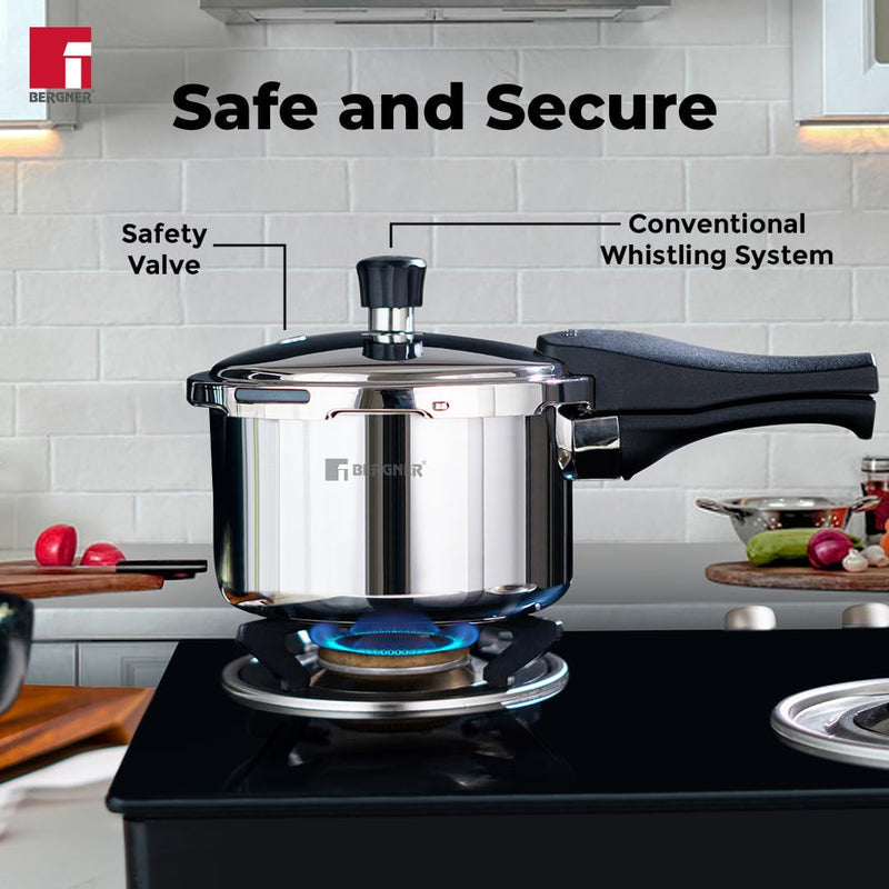 Bergner Trimax Stainless Steel Outer Lid Pressure Cooker, Easy Locking - Induction Bottom