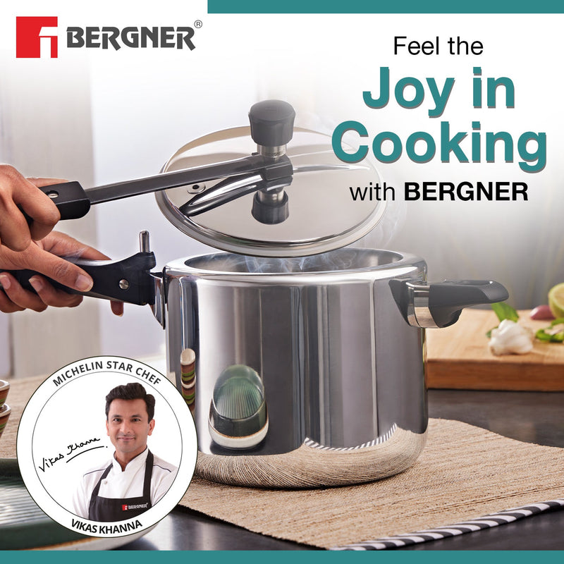 Bergner Argent Tri-Ply 18/10 Stainless Steel Inner Lid Pressure Cooker with Rivetless Technology, 2.5 mm Body Thickness - Induction Bottom