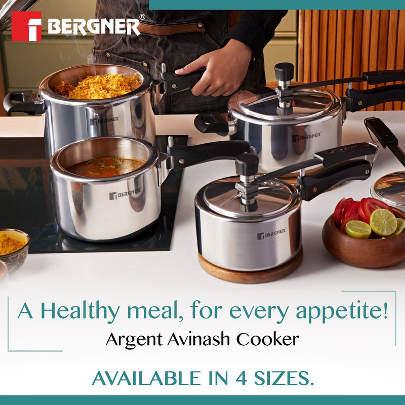 Bergner Argent Tri-Ply 18/10 Stainless Steel Inner Lid Pressure Cooker with Rivetless Technology, 2.5 mm Body Thickness - Induction Bottom