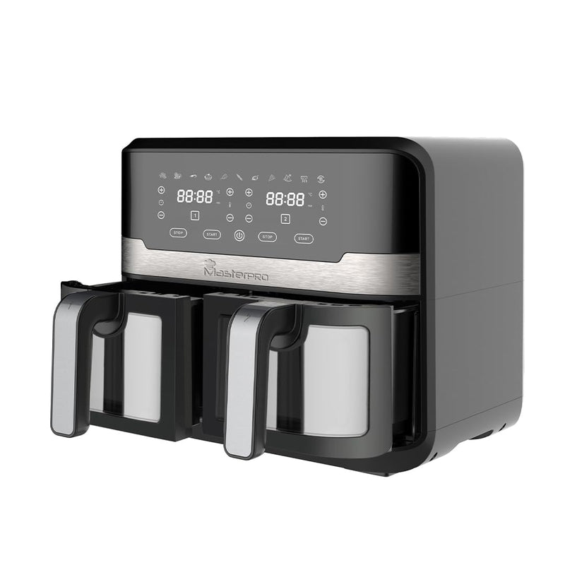 Bergner MasterPro Air Fryer 9 Liters (2400 Watts) with Dual Transparent Non-Stick Bucket, 360 Degree Airflow Technology, Multi Mode Touch Screen with Custom Programs