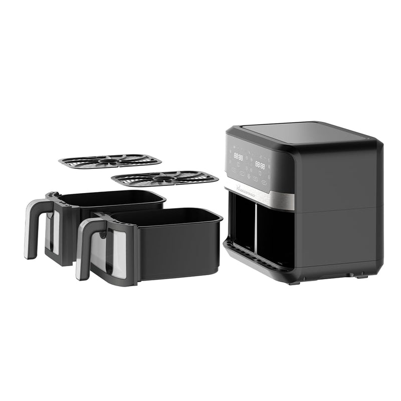 Bergner MasterPro Air Fryer 9 Liters (2400 Watts) with Dual Transparent Non-Stick Bucket, 360 Degree Airflow Technology, Multi Mode Touch Screen with Custom Programs