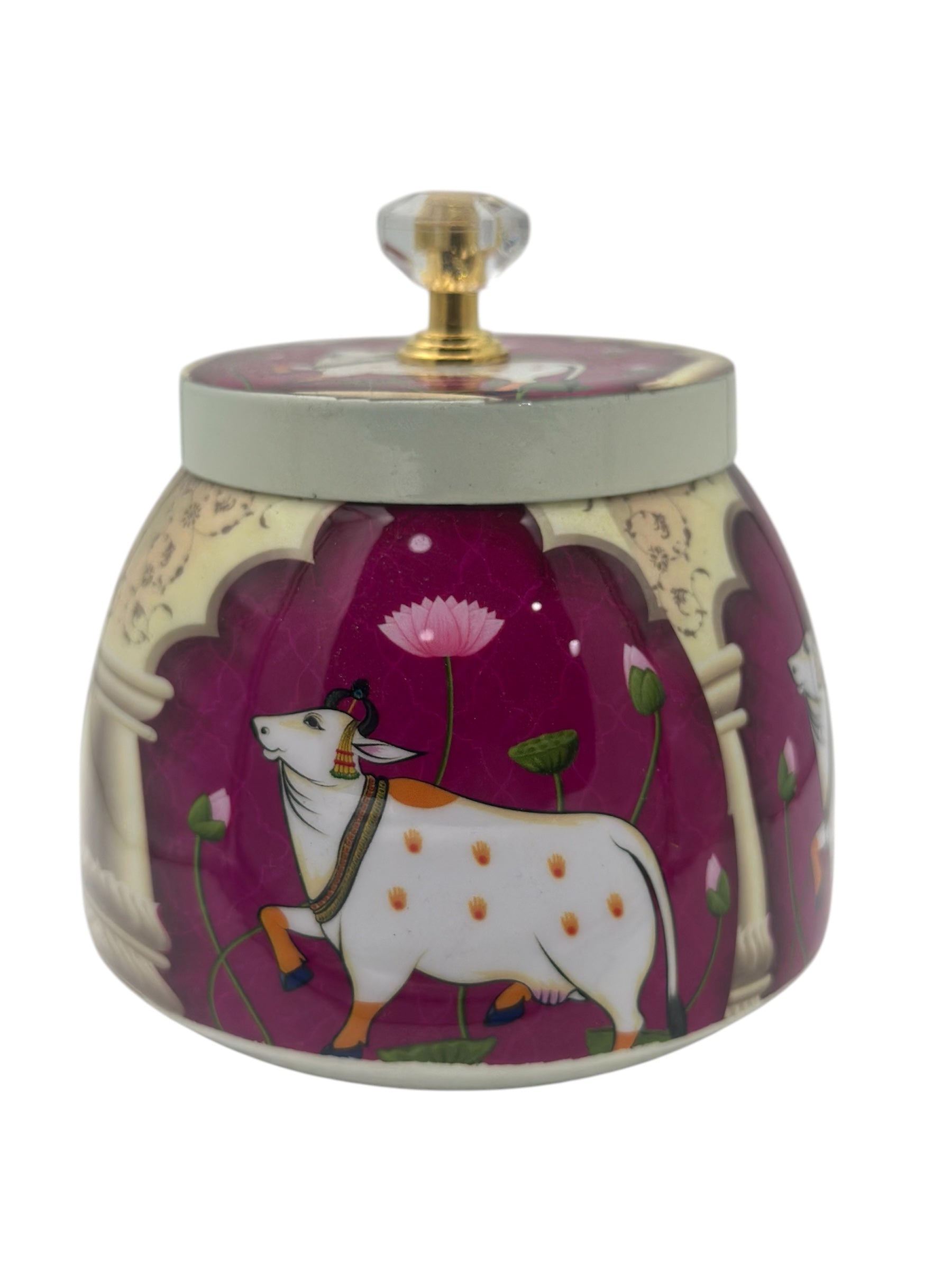 LIME 4" Round Shape Metal Gifting Storage Container Pichwai Jar Box (Random Color Design)