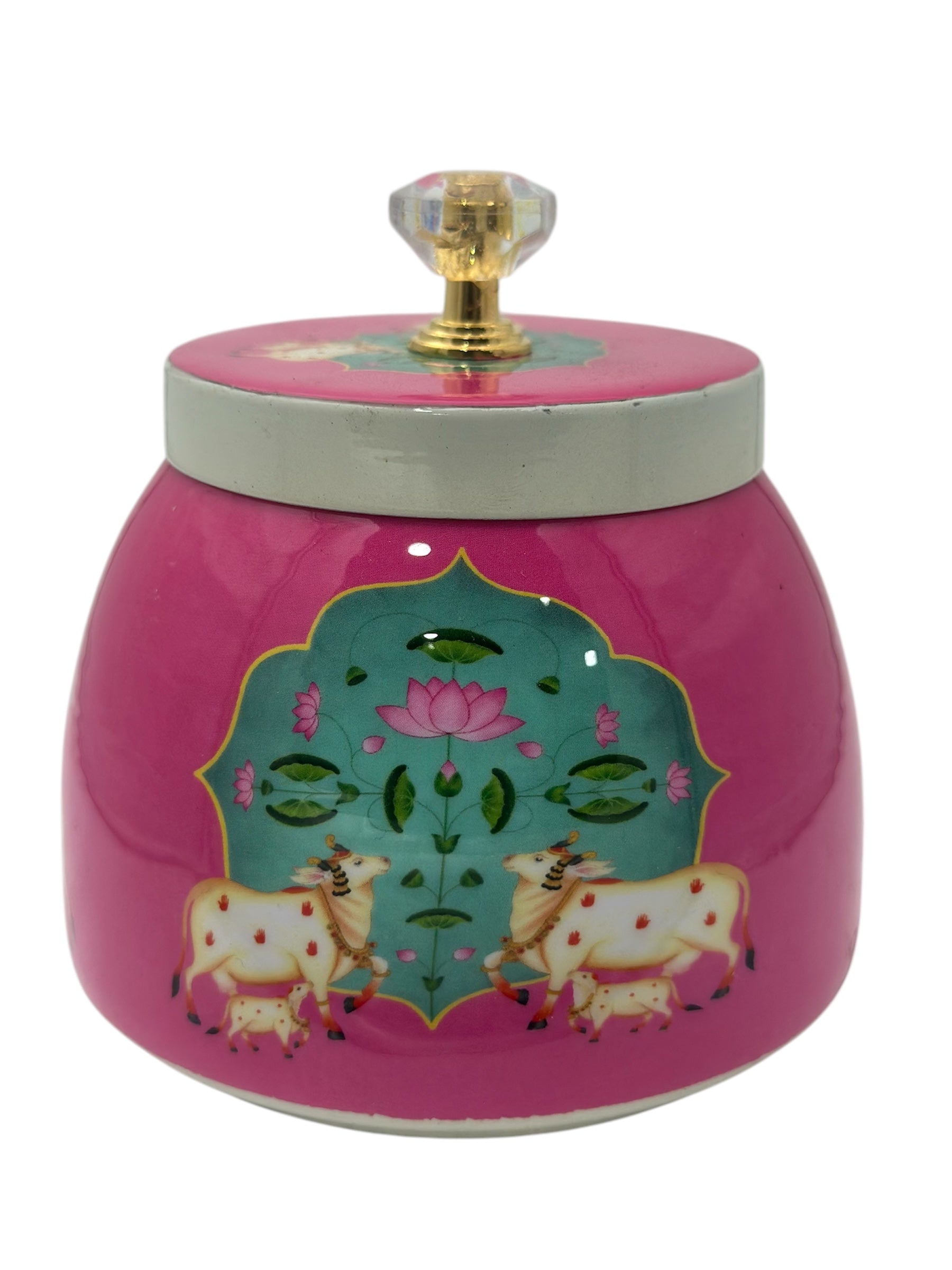 LIME 4" Round Shape Metal Gifting Storage Container Pichwai Jar Box (Random Color Design)