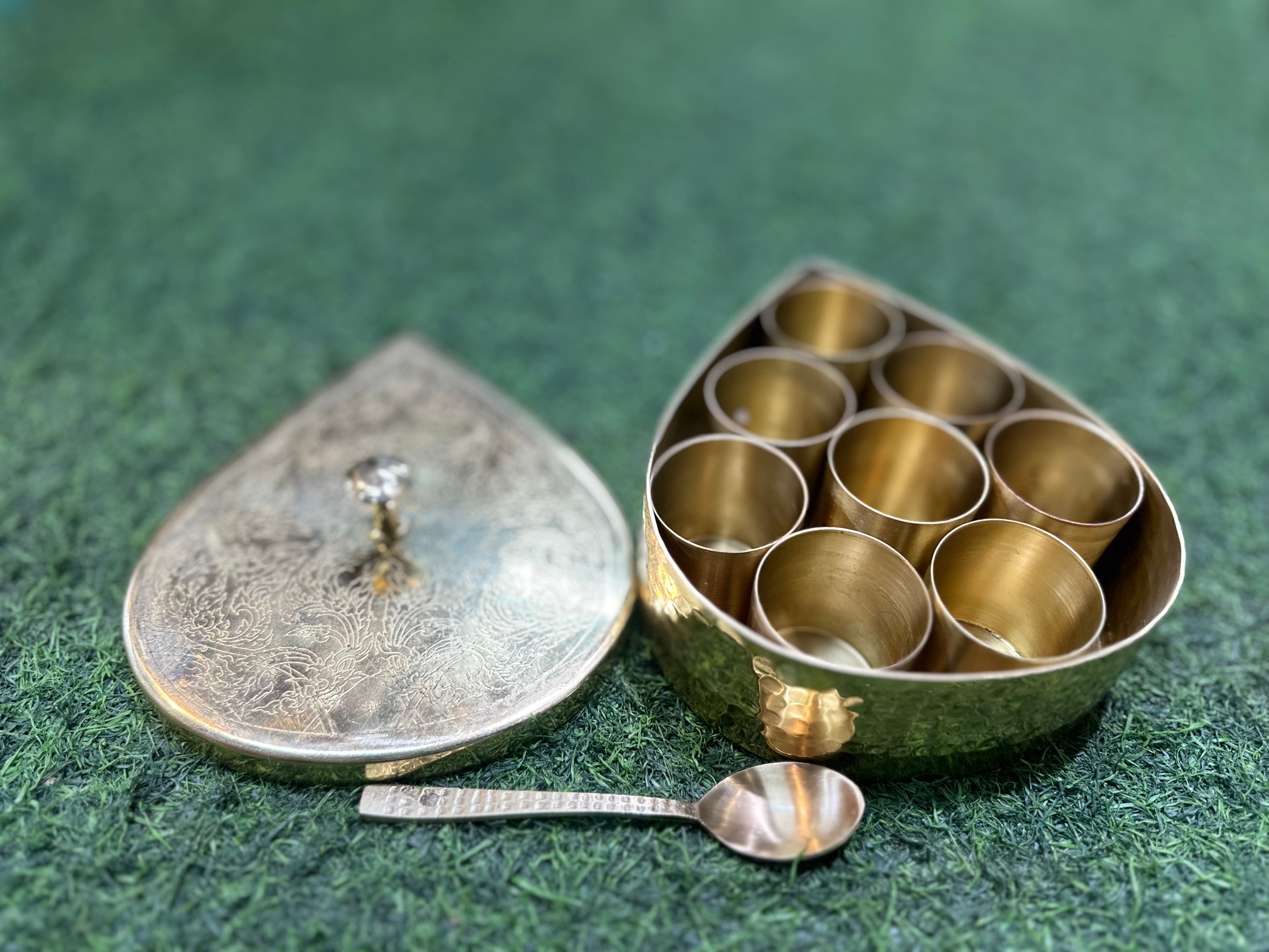 LIME Pure LEAF SHAPE Brass Masala Box Set with Brass Spoon Container Hammered