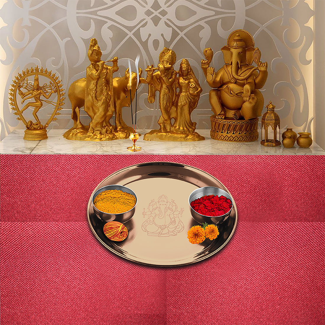 Stainless Steel Pooja Thali Set with Rose Gold PVD Coating Ganesh