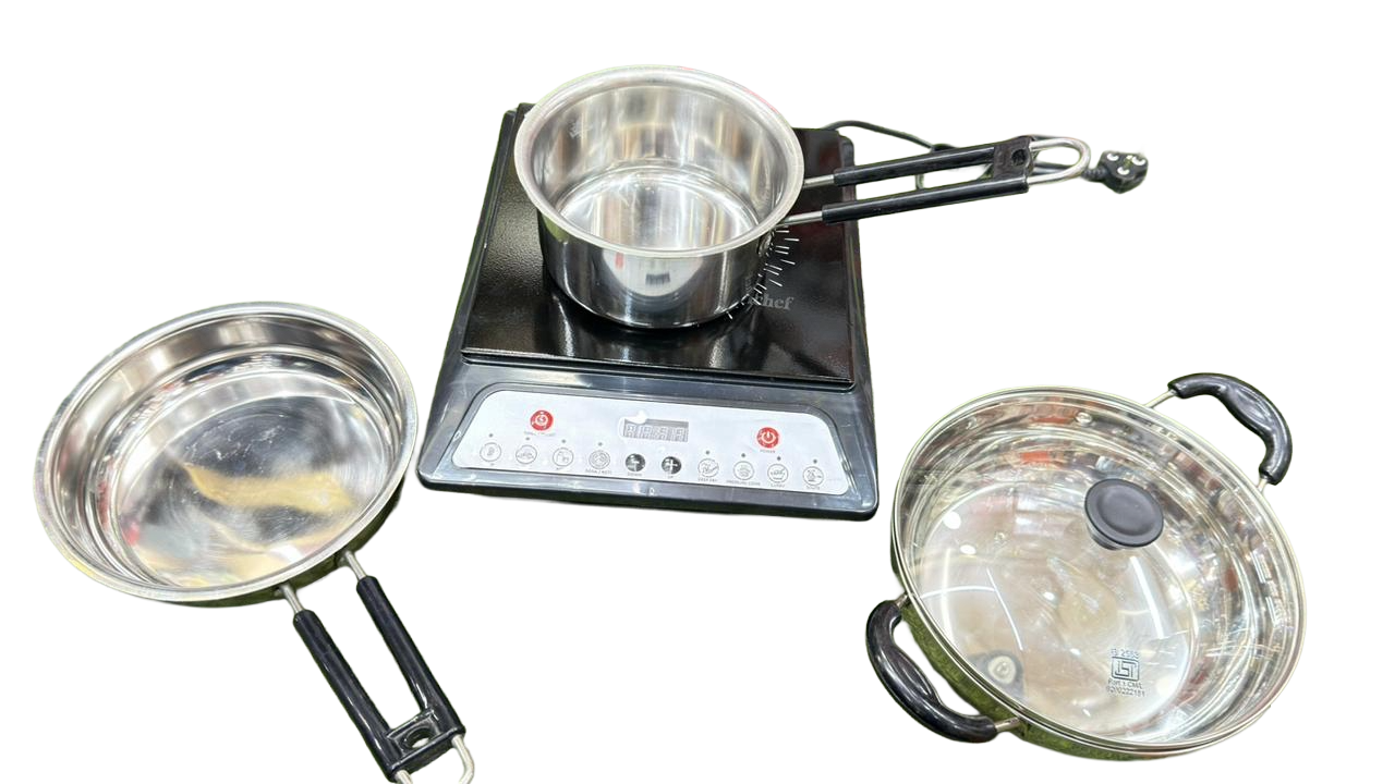 NUTRICHEF INDUCTION (1800 WATTS) KITCHEN COMBO SET (STAINLESS STEEL FRY PAN/KADAI/SAUCE PAN) SET OF 3